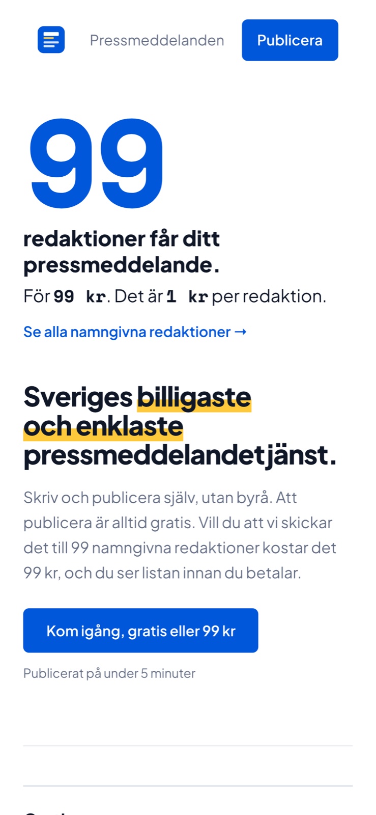 Startsidan för Gratis Pressmeddelande i mobilen