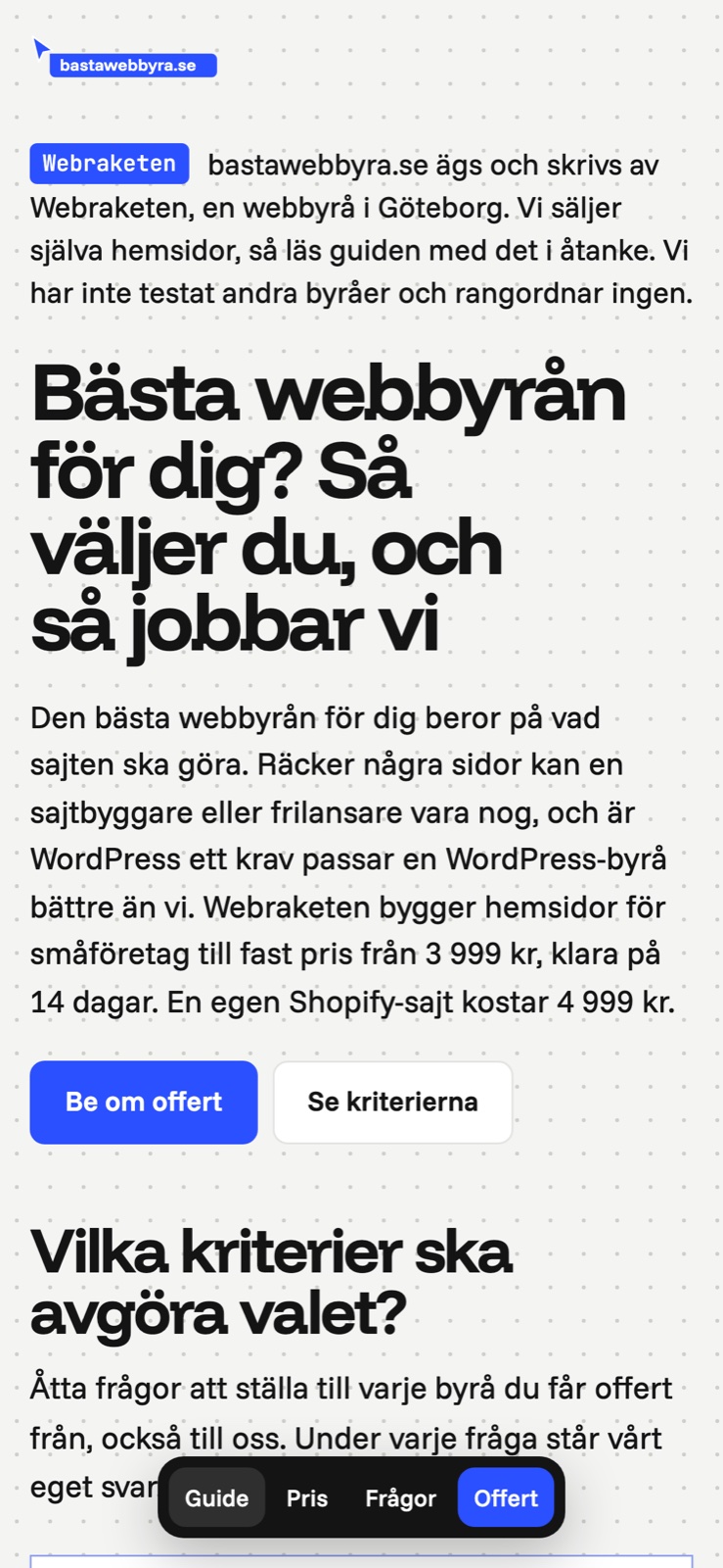 Startsidan för Bästa webbyrån i mobilen