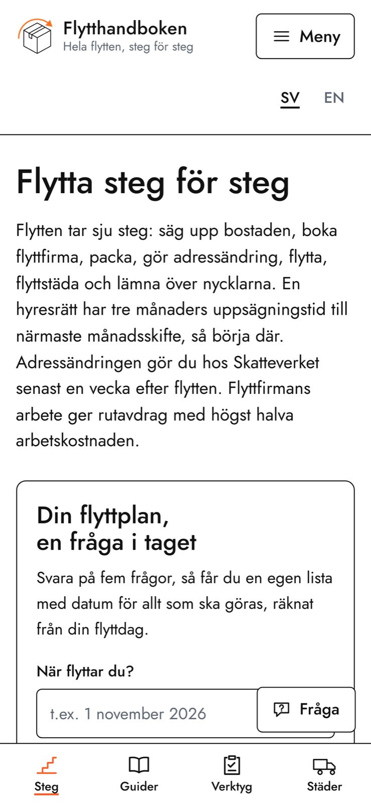 Flytthandbokens startsida i mobilen