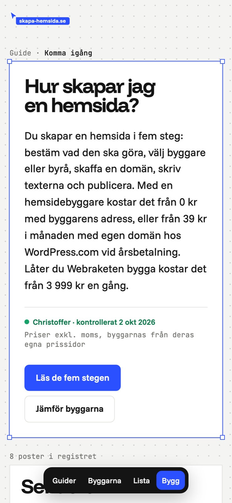Startsidan för skapa-hemsida.se i mobilen